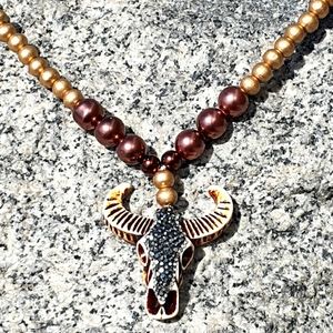 Boho Rhinestone Cow Skull Gold Wood Beads Necklace